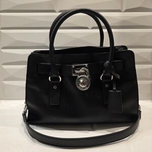 Michael Kors‎ Hamilton Satchel Purse Black Saffiano  Silver Hardware